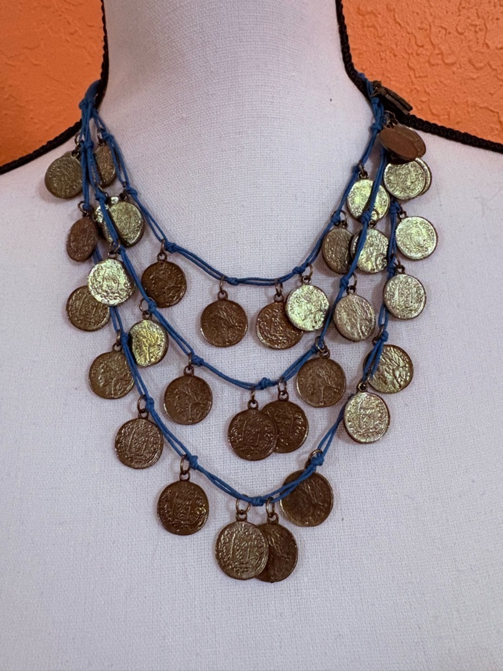 Multi-Layer Coin Necklace in Blue Cord - Women Jewelry